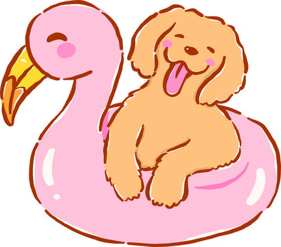 Summer Dog Golden Retriever on Flamingo Float Whimsical Hand Drawn Cartoon Character