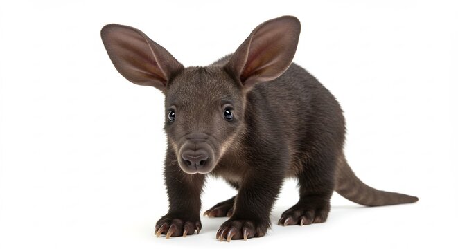Cute Aardvark Cub: A young, adorable aardvark with enormous ears and a curious expression poses against a plain backdrop, showcasing its unique features.