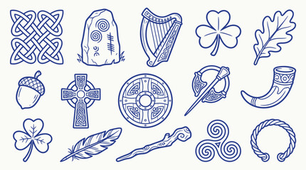 Collection of Celtic Symbols and Icons in Blue Ink Drawing Style. © zainab