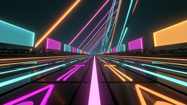 Arcade inspired digital environment with central pathway, dark reflective floor panels glowing cyan magenta orange neon arrows pointing forward, glowing pink center line dividing track, vertical recta