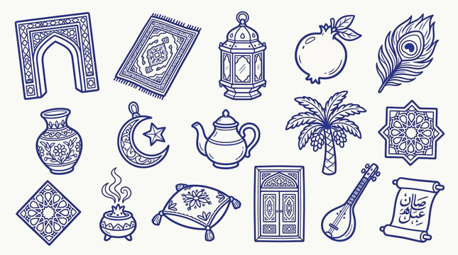 Collection of Islamic cultural symbols and decorative elements in blue outline style.