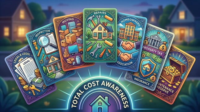 Illustrated cards showing total costs and tasks of homeownership