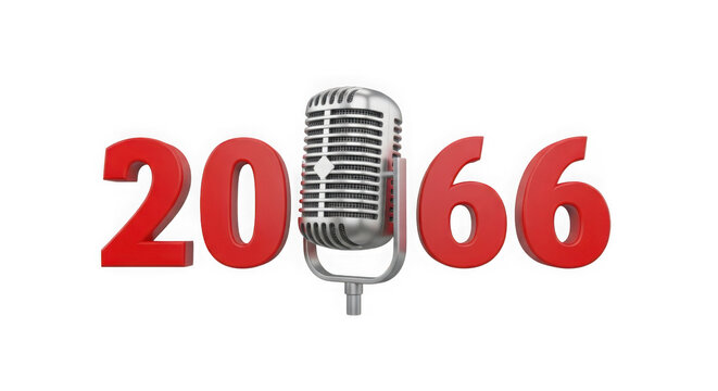 Year 2066 text design with vintage silver microphone icon isolated on transparent background