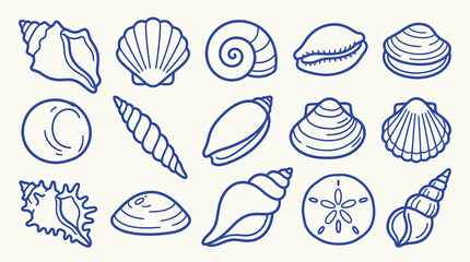 Collection of various seashells and marine life illustrations in a simple outline style on a cream background. © zainab