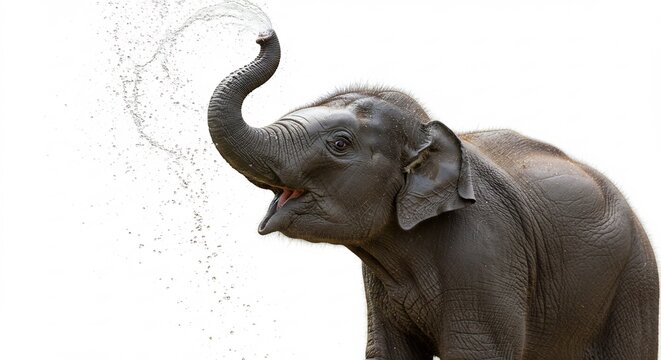Playful Elephant Sprays Water: A young elephant joyfully sprays water from its trunk, creating a refreshing cascade against a clean white background, showcasing a moment of playful energy.