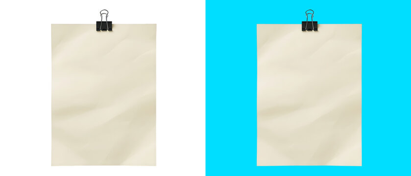 Crumpled paper sheet with binder clip isolated on transparent background