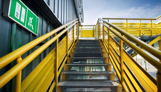 industrial staircase with yellow handrails and green emergency exit sign