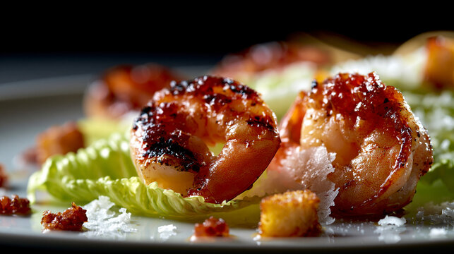 Close up of glazed grilled shrimp on caesar salad with croutons and cheese croutons culinary