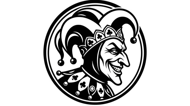 Circular black and white evil jester head illustration.
