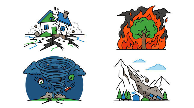 Detailed colorful illustrations of earthquake tornado wildfire and landslide.