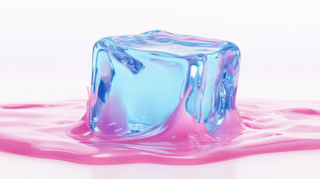 Blue transparent ice cube sinking into pink viscous liquid, an abstract and refreshing scene