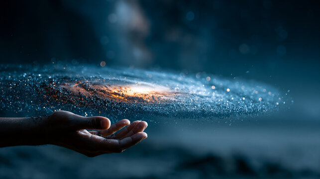 Cosmic spiral galaxy swirling in a human hand representing space exploration and creation