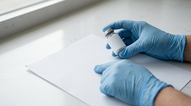 Close-crop of gloved hands cross-referencing a chemotherapy protocol sheet against an infusion bag label