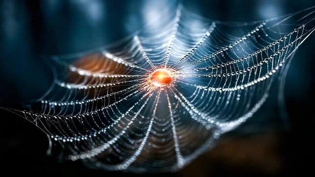 Spider Web with Dew Drops in Dark Forest