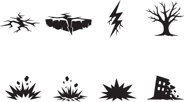 Set of  featuring ground cracks, lightning splits, impact bursts and bare tree for destruction and damage design icon