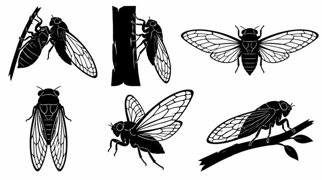 Cicada insect silhouette collection set, detailed monochrome vector