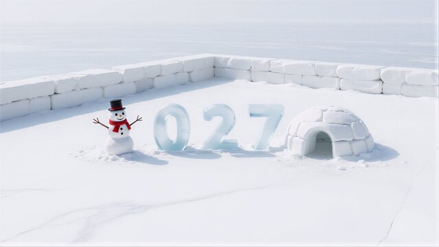 Snowman, ice numbers 027, and igloo in snowy landscape with white brick wall.