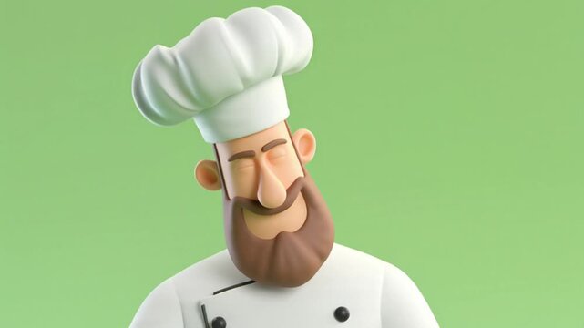 A friendly-looking 3D chef with a brown beard is standing and giving a thumbs-up with both hands; he is wearing a white chef's hat and uniform, and his pose conveys satisfaction or a great result.4k