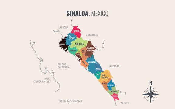 Sinaloa Mexico Estado into Municipio in a minimalist colorful style map showing
