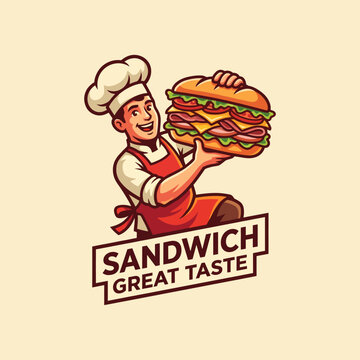 A fun and inviting logo depicting a cheerful chef proudly presenting an oversized sandwich, representing gourmet taste and culinary delights.