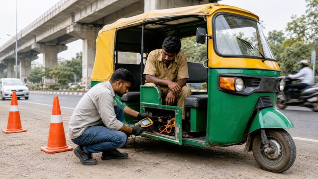 Electric vehicle repair india last mile economy roadside service under flyover with mechanic checking battery in green yellow auto rickshaw