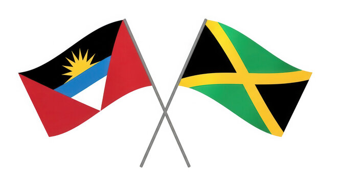 Antigua and Barbuda and Jamaica flags waving together isolated on transparent background