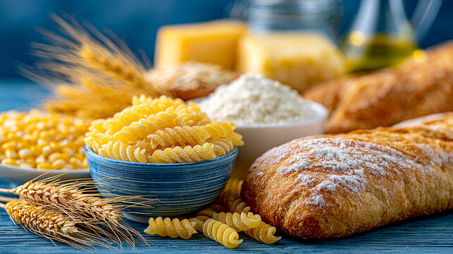 Assorted wheat products including bread pasta flour and grains on rustic wooden table