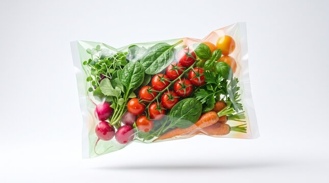 Fresh Mixed Organic Vegetables Vacuum Sealed in Transparent Plastic Packaging
