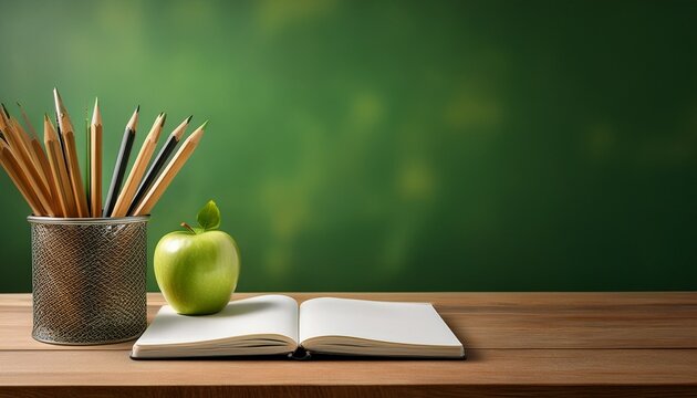 a wooden student desk with an open notebook sharpened pencils and an apple green background copy space for text