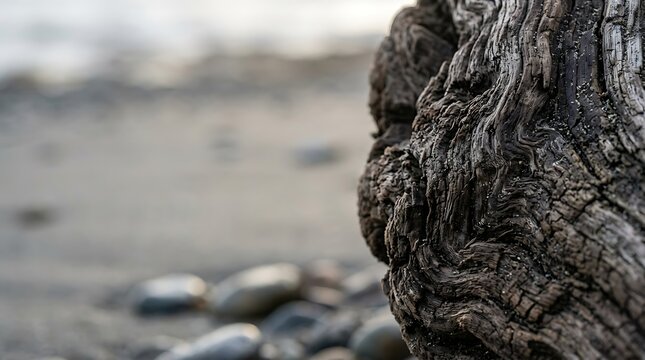 Weathered driftwood texture on a blurred coastal beach background