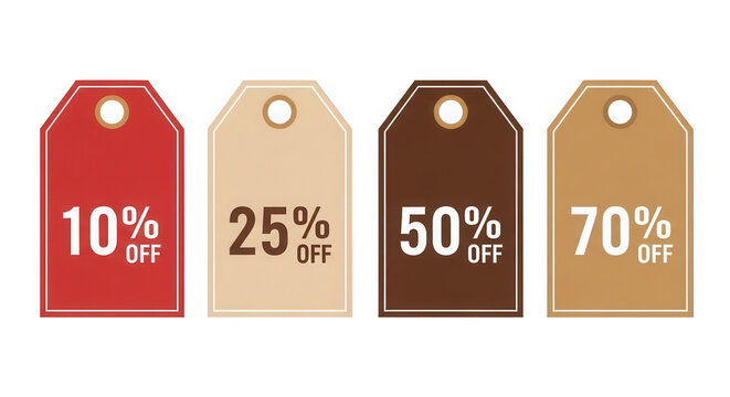 Set of four colorful sale price tags with percentage discount labels isolated on transparent background