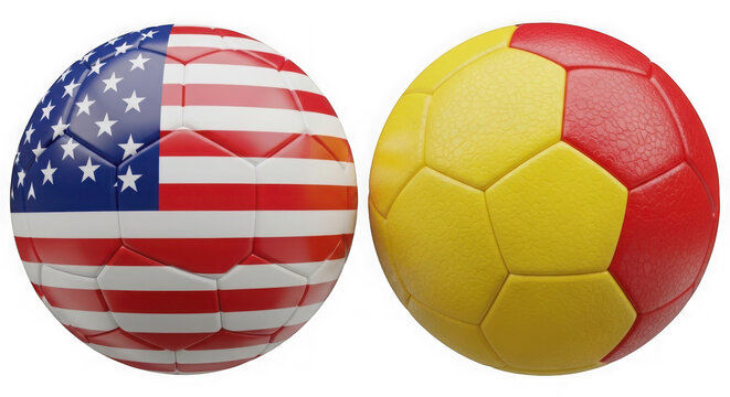 Soccer balls with United States and Spain national flags isolated on transparent background