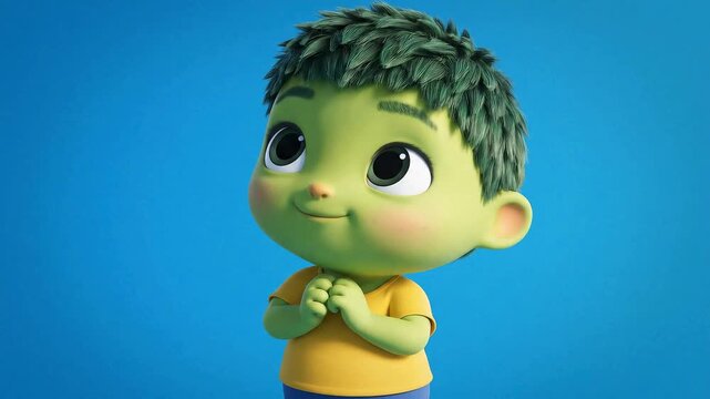 Cheerful green cartoon boy character with spiky hair waving hand against solid blue background