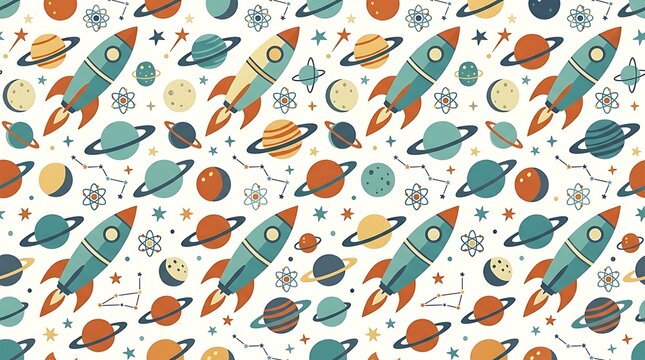Colorful seamless space pattern with vintage rockets and planets