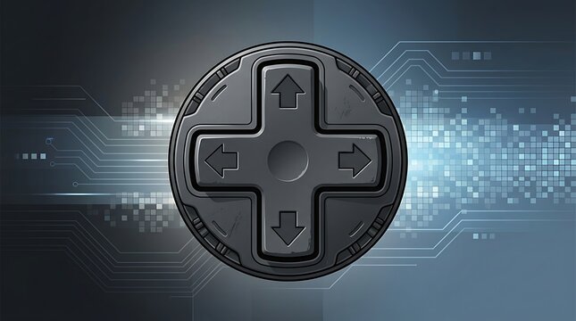 Futuristic gaming directional pad button with digital tech background