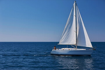 Fototapeta premium Lonely Sailboat Gliding Across Tranquil Waters Under a Golden Sunset, Exuding Serenity and Solitude Amidst the Beauty of Nature