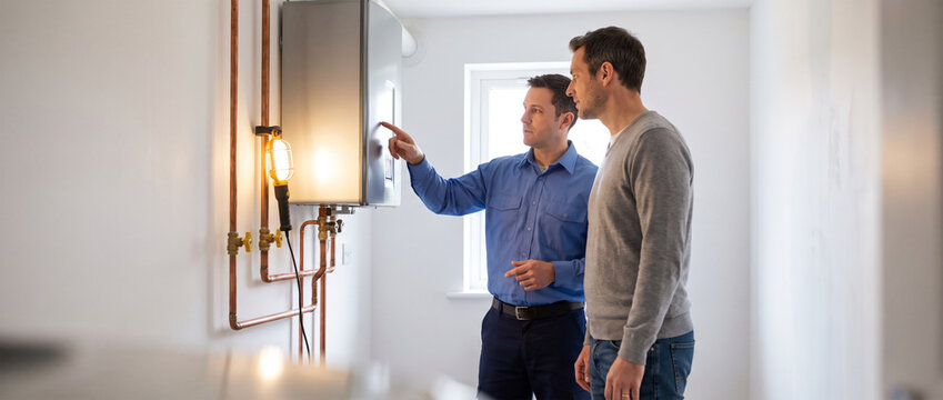 Professional plumber explains tankless water heater inspection to homeowner in clean utility room, discussing plumbing system beside modern equipment with natural interaction.