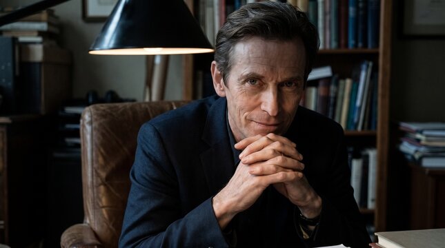 Portrait of an older man with a calculating gaze and smirk in a study