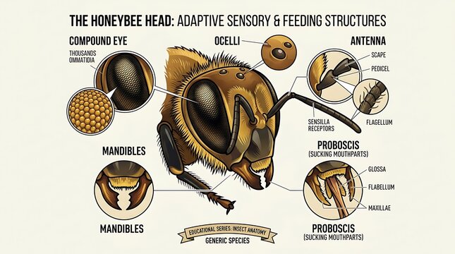 Honeybee head anatomy diagram with sensory and feeding structures