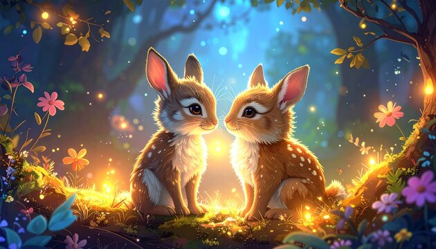Enchanting Forest Encounter - Two Adorable Bunnies in a Magical Setting.