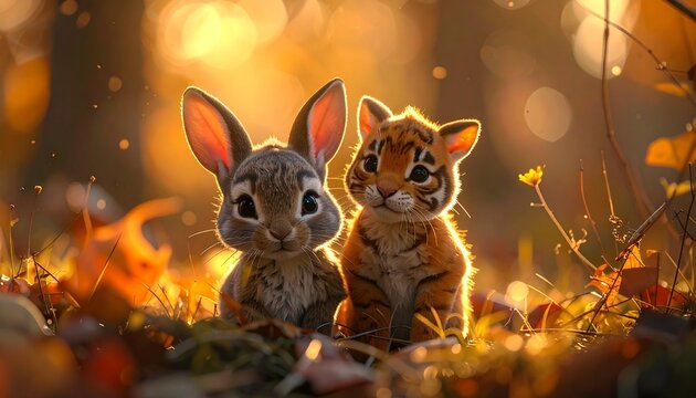 Enchanting Forest Friends - A Bunny and Tiger Cub Adventure.