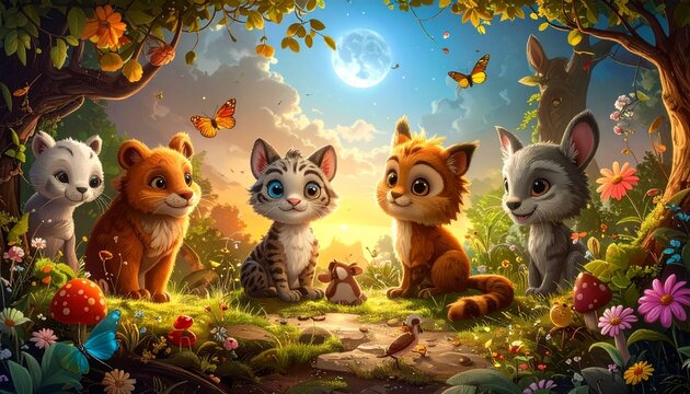 Enchanting Forest Gathering - A Whimsical Assembly of Adorable Animal Friends.