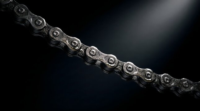 A heavy metal chain shines under a dramatic spotlight against a pitch-black background, representing the unbreakable links of unity, mechanical synergy, and industrial endurance.