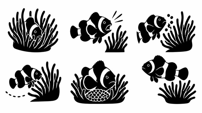 Clownfish silhouette icons set, marine life in sea anemone, vector