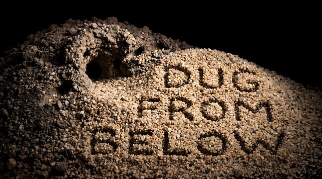 The phrase 'Dust From Dust' carved in coarse sand next to a dark, mysterious cave entrance, symbolizing mortal origins, creation, and the cyclical nature of human existence