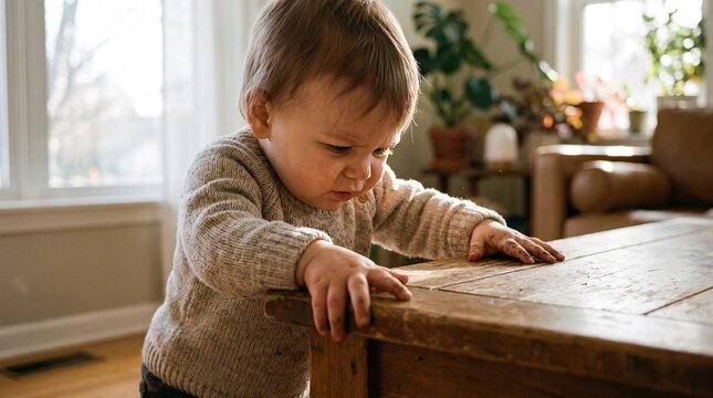 Cute toddler boy learning to walk by holding onto a wooden coffee table
