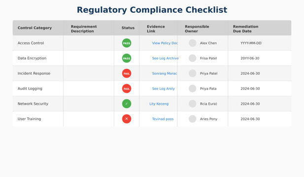 Regulatory compliance checklist with control categories, requirement descriptions, pass fail status, evidence links, responsible owner, remediation due dates.  Also create comma seperated keywords for
