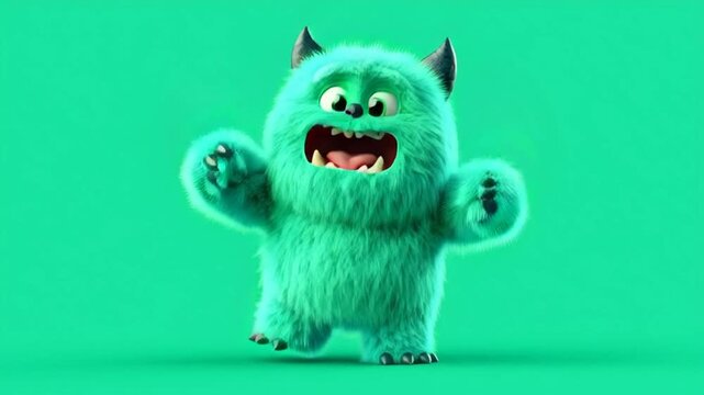 A green/turquoise 3D furry monster is standing and dancing energetically against a green background. The monster is shown dancing while moving its arms; it has large eyes, black horns, and lower fangs