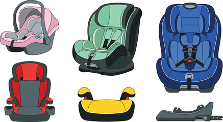 Collection of different baby car seats vector illustration including infant carrier booster seat and safety base on white background © Hosneara