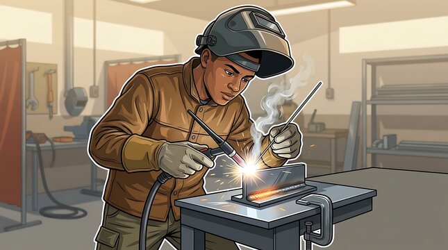Welder joining metal plates on a workbench in a modern workshop